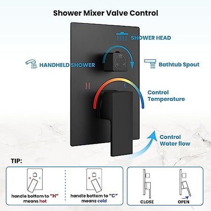 gotonovo Tub Shower Faucet Set with Valve Kit 8’’ Head,Matte Black | Shower System with Tub Spout,SUS304 Rain Head with Handheld Sprayer,Swivel Spout,All Metal,Rough-In Valve Trim Kit,Wall Mount - color: Black, size: 8’’ Head
