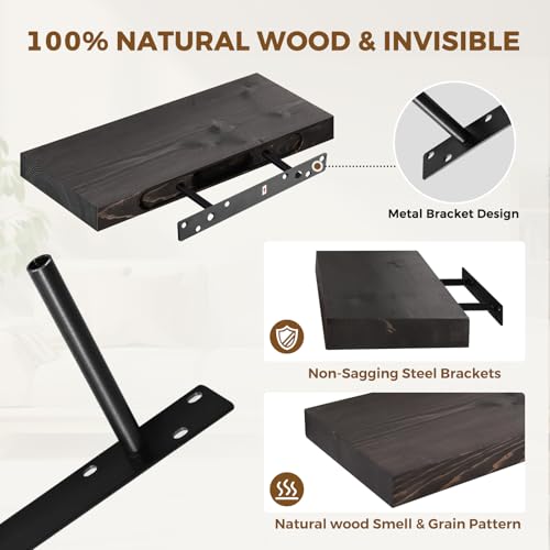 Solid Wood Floating Shelves, 17 Inch Wall Shelves, Set of 2, Black | 8 Inch Deep, 1.6 Inch Thick, Extra-Wide Display Space, Mounting Hardware Included, For Kitchen, Bathroom and Living Room - color: Black, size: 17x8x1.6