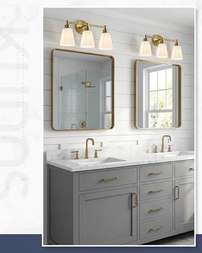 kudos 3-Light Brushed Gold Vanity Light, Milk White Glass Shade | 19" bathroom light fixtures over mirror, upward or downward, E26 base, bulbs not included, Hardwired, KDVL17-GD-ML-3 - size: 3-Light