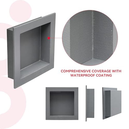 Shower Niche Insert Tile Ready 12x12 | Embedded size 13x13, mortar surface for strong tile bonding, waterproof coating for double water protection, double shelf - size: 12" x 12"