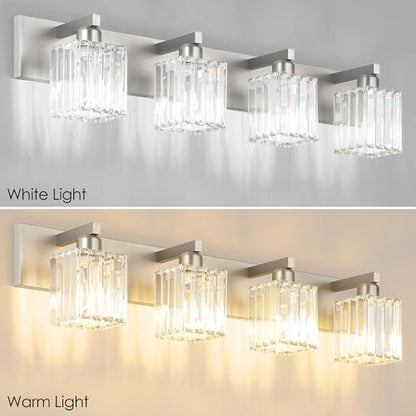 Aipsun Brushed Nickel Bathroom Lighting Fixtures 4 Light Crystal Modern Bathroom Vanity Light (Exclude Bulb) - color: Brushed Nickel, size: 32 inch