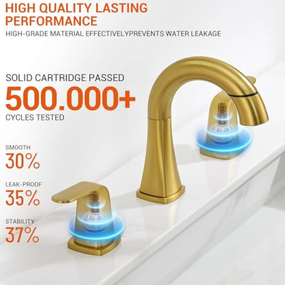 Gold Bathroom Faucet with Sprayer - Brushed Gold Faucets for Sink 3 Holes, Bathroom Pull Down Faucet, 2 Handles 8 Inch Widespread Vanity Faucet with Pull Out Sprayer & Pop-up Drain - color: Brushed Gold
