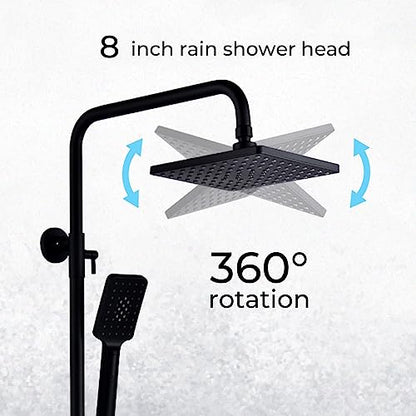 Thermostatic Outdoor Shower Fixtures System SUS304 Matte Black,Wall Mount Triple Function, with Adjustable Hand Sprayer and Tub Spout 8 inches Rainfall Shower Faucet, Square-Shaped,Bathroom