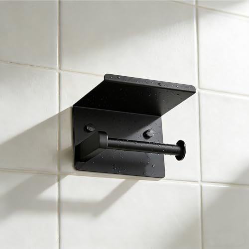 Matte Black Toilet Paper Holder Wall Mount, NEWRAIN Rustproof Toilet Tissue Holder with Phone Shelf, Stainless Steel Adhesive Toilet Roll Holder for Bathroom, Washroom, Kitchen, RV - color: Matte Black, style: Single