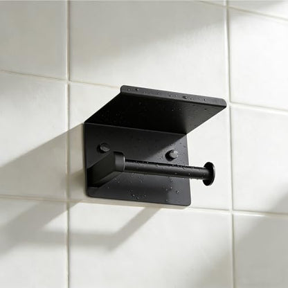 Matte Black Toilet Paper Holder Wall Mount, NEWRAIN Rustproof Toilet Tissue Holder with Phone Shelf, Stainless Steel Adhesive Toilet Roll Holder for Bathroom, Washroom, Kitchen, RV - color: Matte Black, style: Single