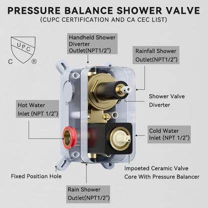 Shower System Shower Faucet Set, STARBATH 12"+6" Wall Mount Rain Shower Head and Handheld Spray for Two Person, Rainfall Shower System with Diverter Valve and Trim Kit Complete,Matte Black - color: Matte Black, size: 12"+6"-1