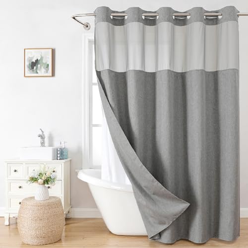 eachope No Hook Linen Texture Shower Curtain with Snap-in Liner,71x74 Gray | 230GSM Thick Fabric,Hotel Luxury Decor,Mesh Top Window,Magnetic Weighted Hem,Waterproof & Machine Washable,for Bathroom - color: Grey, size: 71"W x 74"L (Pack of 1)