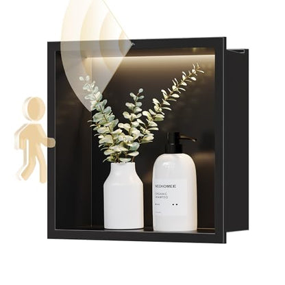 Smart Body Sensor Shower Niche, Black 12"x12" | Recessed Wall Niche with White 3000K LED Light , Waterproof &Rustproof, 304 Stainless Steel Bathroom Cabinet - size: 12X12In
