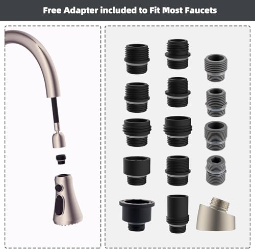 Hibbent Pull Down Spray Head for Kitchen Faucet, NSF/ANSI/CAN 61 & CUPC Certified 3-Function Spray Nozzle, 15 Adapters, Sink Faucet Head Replacement Compatible with Moen, Delta, Kohler, Brushed Nickel - color: Brushed Nickel, style: 2.5 Gallon Per Minute