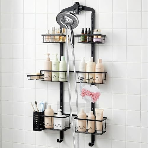 Extra Large Shower Caddy Hanging, Rust-Resistant Shower Organizer Hanging, 3 Tier Height-Adjustable Over the Head Caddy, Rack with Soap Basket (Black) - color: Black