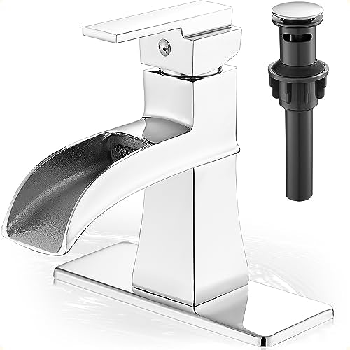 Waterfall Chrome Bathroom Faucet, Brass 4 Inch Bathroom Faucets One Hole or 3 Hole, Single Handle with PP Drain, Deck Plate, Hot and Cold Supply Hoses for RV Lavatory Restroom, 5 Mins Install - color: Chrome