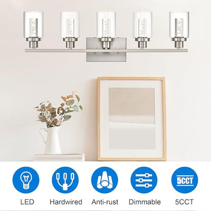 MELUCEE 5-Light Modern LED Vanity Lights for Bathroom Brushed Nickel | 5CCT Dimmable Bathroom Vanity Light Fixtures with Crystal Bubble Clear Glass Shade,3000K-6000K, Built-In LED Chips - color: Brushed Nickel, size: LED-5 Lights