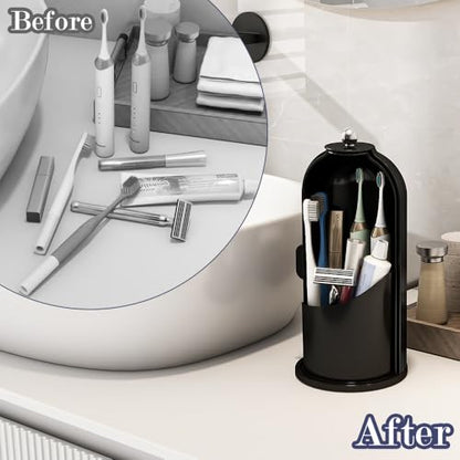 Toothbrush and Toothpaste Holders with Cover, Solid Black | Waterproof and Dustproof, 360° Rotating Base, Smooth Sliding Door, 3 Slots, for Bathroom Countertop - color: Solid Black