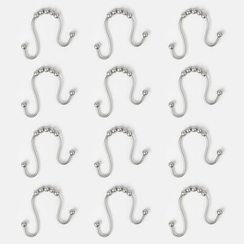 Easy Gliding Rustproof Double Shower Curtain Hooks Brushed Nickel, Set of 12