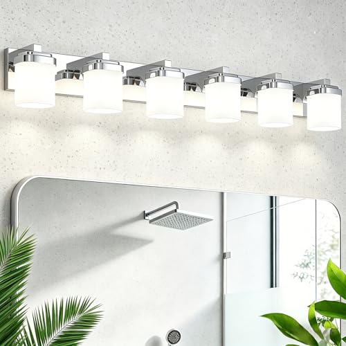 45 Inches Bathroom Vanity Light, 6-Light Chrome Bathroom Light Fixtures Over Mirror, Bathroom Light Shower Lamp with Milky White Square Glass Shade, Modern Farmhouse Lighting Fixtures - color: Chrome, size: 45 Inch : 6-lights