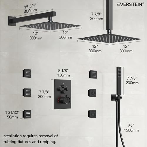 12" High-Pressure Rainfall Shower Faucet with Valve for Bathroom, Dual Rainfall Shower Head System with 6 Body Jets (Matte Black) | High-Pressure, Dual 12" Rainfall Shower Head System, 6 Body Jets, Rough in-Valve - color: Matte Black