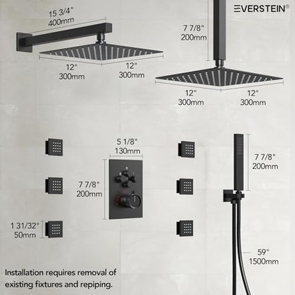 12" High-Pressure Rainfall Shower Faucet with Valve for Bathroom, Dual Rainfall Shower Head System with 6 Body Jets (Matte Black) | High-Pressure, Dual 12" Rainfall Shower Head System, 6 Body Jets, Rough in-Valve - color: Matte Black
