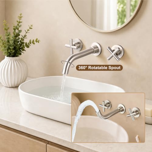 Midanya Wall Mount Bathroom Faucet 3 Hole 2 Cross Handle,Brushed Nickel | SUS304 Stainless Steel,Rough-in Valve Included,360° Swivel Spout,for Bathroom Sink,Vanity - color: Brushed Nickel