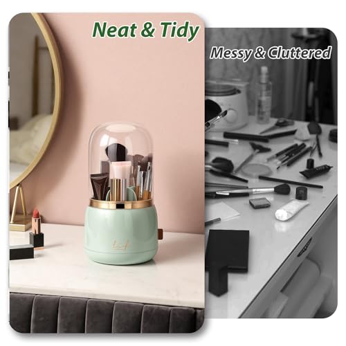 360º Rotating Toothbrush Holder with Cover, Dustproof Waterproof Cosmetic Organizer, 7-Slot Bathroom Countertop Organizer with Drainage for Makeup Brushes, Electric Toothbrushes, Toothpaste - color: Green