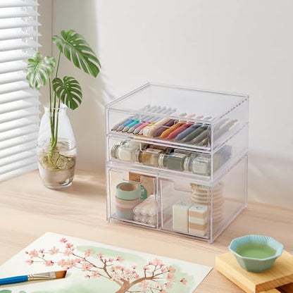 STORi Stackable Desk Organizer Drawers, Clear Pen Pencil Makeup Brush Holder for Desktops and Vanities, 4 Multi-size Drawers (Made in USA) - style: Combo Drawer Set