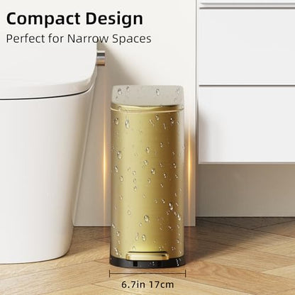KSSKSS 2.6 Gallon/10L Slim Stainless Steel Bathroom Trash Can with Soft Close Lid, for Narrow Spaces,Bathroom, Bedroom (Titanium Gold) - color: Gold