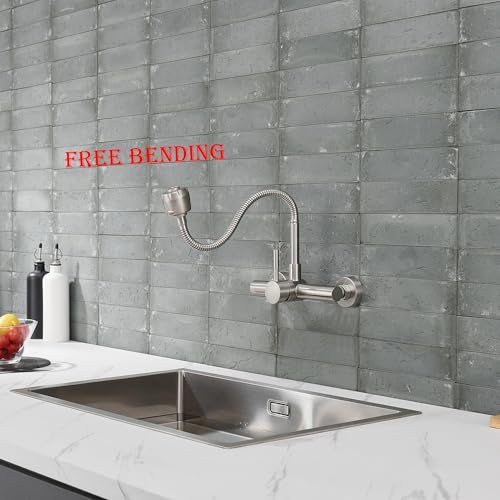 Wall Mount Kitchen Sink Faucet 8 Inch Center with Flexible Sprayer,Stainless Steel Mixer Tap with Dual Function Sprayer,Nickel Brushed Unility Sink Faucet - color: C Style, Nickel Brushed