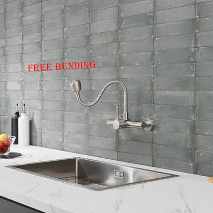 Wall Mount Kitchen Sink Faucet 8 Inch Center with Flexible Sprayer,Stainless Steel Mixer Tap with Dual Function Sprayer,Nickel Brushed Unility Sink Faucet - color: C Style, Nickel Brushed