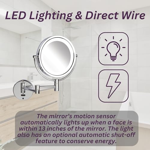 JERDON Lighted Wall-Mount Makeup Mirror - 8X - Chrome - JRT9500CL | Two-Sided Sensor Activation, 8.5" Round Frame, Swivel, 14" Wall Arm - color: Chrome