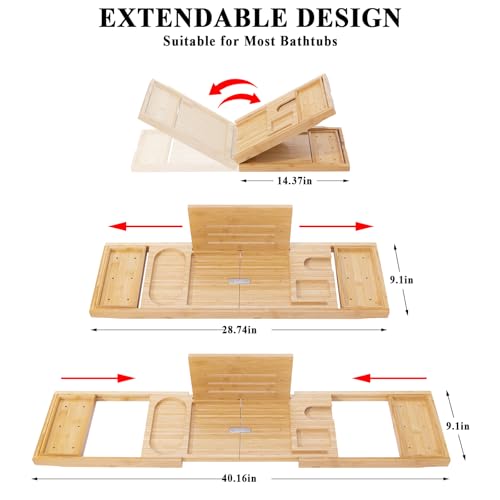 Bathtub Tray, Bamboo Bath Tray for Tub, Expandable Bath Tray with Bamboo Book Stand, Soap Tray, Bathtub & Bathroom Accessories Perfect for Home Spa, Natural Colour