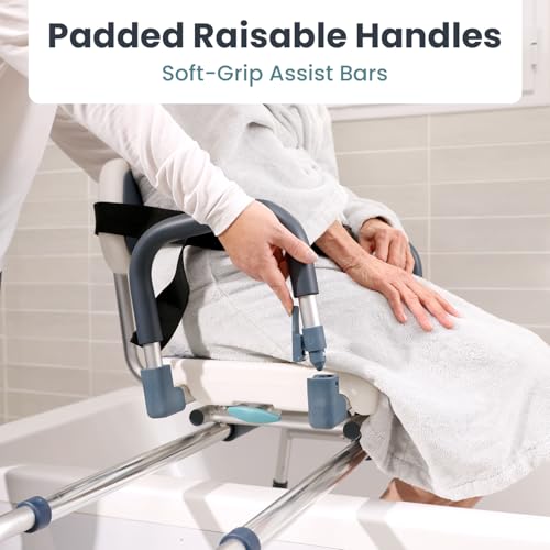 Sliding Shower Chair Tub Transfer Bench with Swivel Seat, Shower Bench for Elderly and Disabled, with Security Belt, 360 Rotation, Slides and Rotates, Adjustable,one Touch Slide Button, Dark Blue - color: Dark Blue