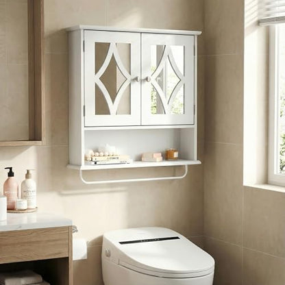 RoyalCraft Bathroom Wall Cabinet with Mirror, Over the Toilet Storage Cabinet with Towel Rack and Adjustable Shelf, Large Bathroom Medicine Cabinet Wall Mount 22x25 inch (White) - color: White