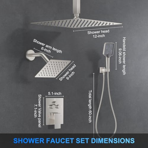 Shower Faucet Set, 12" Ceiling Mount Rainfall Shower System with 2 Rain Shower Head and Multi-function Handheld Head Push Button Diverter Shower Faucet Trim Kit (12", Brushed Nickel) - color: Brushed Nickel, style: 12"-Ceiling-01