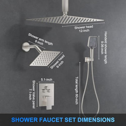 Shower Faucet Set, 12" Ceiling Mount Rainfall Shower System with 2 Rain Shower Head and Multi-function Handheld Head Push Button Diverter Shower Faucet Trim Kit (12", Brushed Nickel) - color: Brushed Nickel, style: 12"-Ceiling-01