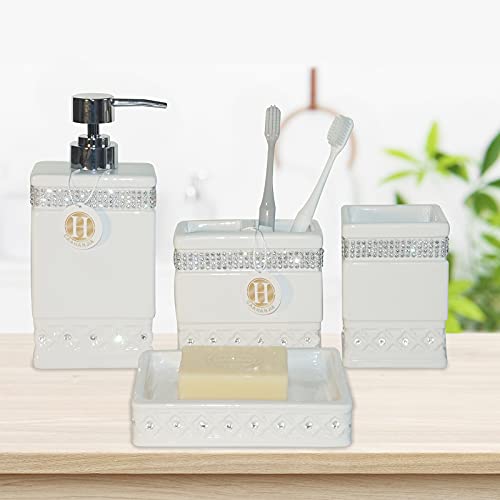 Bathroom Accessories Set 4 Pcs-Ceramic Gift Set Soap Dispenser Pump & Toothbrush Holder & Tumbler Cup & Soap Dish - Bathroom Home Decor Clearance, Countertop Vanity Organize (15 Ounce) - size: 15 Ounce White