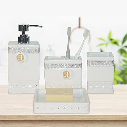 Bathroom Accessories Set 4 Pcs-Ceramic Gift Set Soap Dispenser Pump & Toothbrush Holder & Tumbler Cup & Soap Dish - Bathroom Home Decor Clearance, Countertop Vanity Organize (15 Ounce) - size: 15 Ounce White