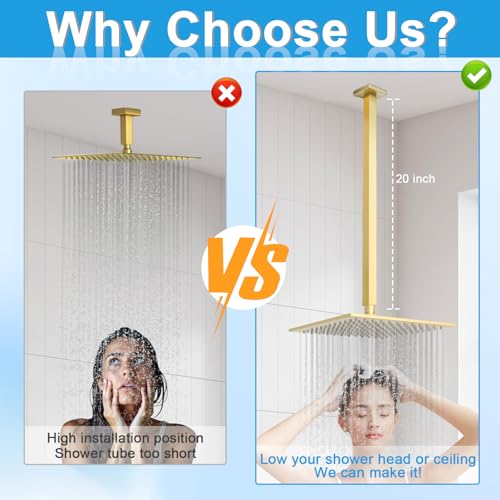 Ceiling Mount Shower Arm with Flange 20 Inches Square Straight Extender Extension Pipe Replacement, Long Shower Arm For Fixed Rain Shower Head or High Ceiling, Brushed Gold - color: Brushed Gold, style: 20inch