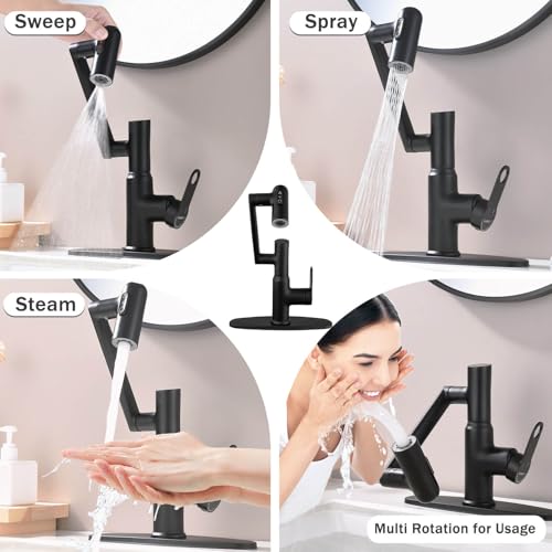 Bathroom Faucet, Rotatable Faucets with Temperature Display in Celsius (Batteries-Free), 3 Water Outlet Modes Single Hole Faucet with Sink Plate for Bathroom Sink (Matte Black) - color: Matte Black