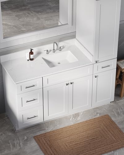 60" Bathroom Vanity with Linen Storage Tower and 4 Drawers, Carrara Quartz Top and Ceramic Sink, Left or Right Tower Option, Solid Wood Frame, 61" x 22" x 72" (White, Right Tall Cabinet) - color: White