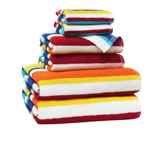 ORIGINAL KIDS 6 Piece Towel Set - 100% Cotton Cabana Stripe Kids Towel Set | Bath Time Stripe Beach Pool Bathroom Towel Set - Soft Absorbent Plush - 2 Bath Towels, 2 Hand Towels, 2 Washcloth - Multi - color: Cabana Stripe Multi, size: Set of 6 - Bath-Hand