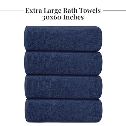 4 Piece Extra Large Bath Towels 30 x 60 Inches, Navy | 100% Cotton, Larger & Lighter Weight, Quicker to Dry, Super Soft and Absorbent, Perfect for Bathroom - color: Navy