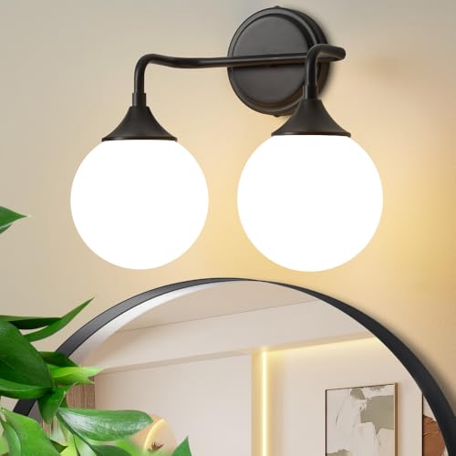 Black Bathroom Light Fixtures Over Mirror Vanity 2-Light | Mid Century Modern Matte Black Wall Sconce with Milky White Glass Ball Shades for for Bathroom Dressing Table Bedroom - color: Black, size: 2-light
