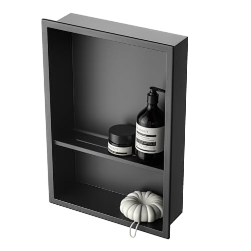 Stainless Steel Shower Niche Matte Black 18" X 12" W/ 2-Tier Shelf | Recessed shower niche no tile needed,space-saving,vertical niche, silver bathroom niche shower for shampoo & soap storage - color: Matte Black, size: 18"x 12"