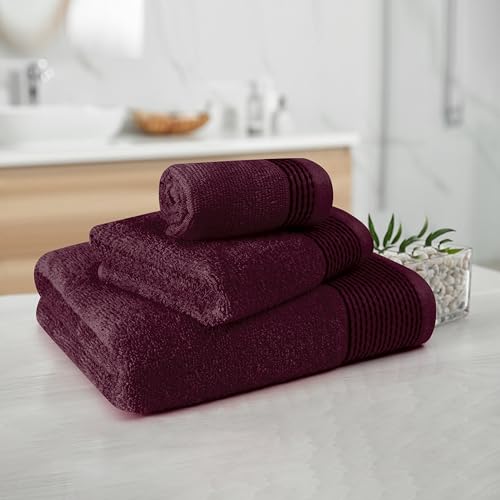 Ultra Soft 3 Pack Cotton Towel Set, Contains a Bath Towel 28x55 inch, a Hand Towel 16x24 inch & a Wash Coth 12x12 inch, Ideal Everyday use, Compact & Lightweight -Burgundy - color: Burgundy, size: 3 Pack Set
