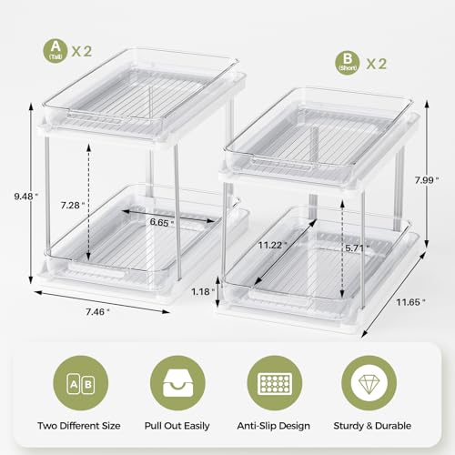 Delamu 2-Tier Bathroom Under Sink Organizers and Storage, Pull Out Cabinet Drawers with Anti-Slip Design, Multi-Purpose Storage for Kitchen, Pantry, Bathroom & Home Organization, White, 4 Pack