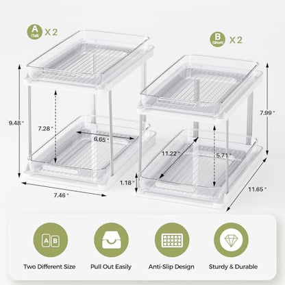 Delamu 2-Tier Bathroom Under Sink Organizers and Storage, Pull Out Cabinet Drawers with Anti-Slip Design, Multi-Purpose Storage for Kitchen, Pantry, Bathroom & Home Organization, White, 4 Pack