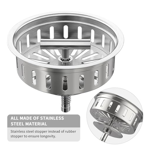 KONE Kitchen Sink Drain Sink Strainer 3-1/2 Inch Drain Assembly Kit Replacement for Universal 3.5 Inch Kitchen Sink, All Stainless Steel Body with Strainer Basket and Drain Stopper (9171，Stainless) - color: Stainless