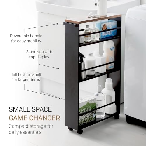 YAMAZAKI home Tower Rolling Slim Storage Cart With Handle Black | Narrow kitchen storage cabinet with built-in handle. Slim rolling storage cart with wheels. Easy assembly. Keeps items tidy. - color: Black
