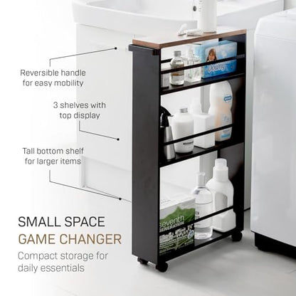 YAMAZAKI home Tower Rolling Slim Storage Cart With Handle Black | Narrow kitchen storage cabinet with built-in handle. Slim rolling storage cart with wheels. Easy assembly. Keeps items tidy. - color: Black