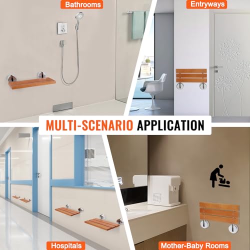 VEVOR Folding Teak Shower Seat, 20.1" x 13.2" Unfolded, Wall Mounted Fold Up Shower Bench with 440 lbs Load Capacity, Space Saving Home Care Fold Down Shower Chair, for Seniors Pregnant Women Children