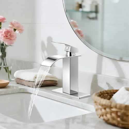 Chrome Bathroom Faucets, Waterfall Bathroom Sink Faucet | Single Handle, Stainless Steel, Vanity Faucet with Deck Plate, Pop-up Drain, For 1 or 3 Hole, RV, Farmhouse - color: A-Chrome